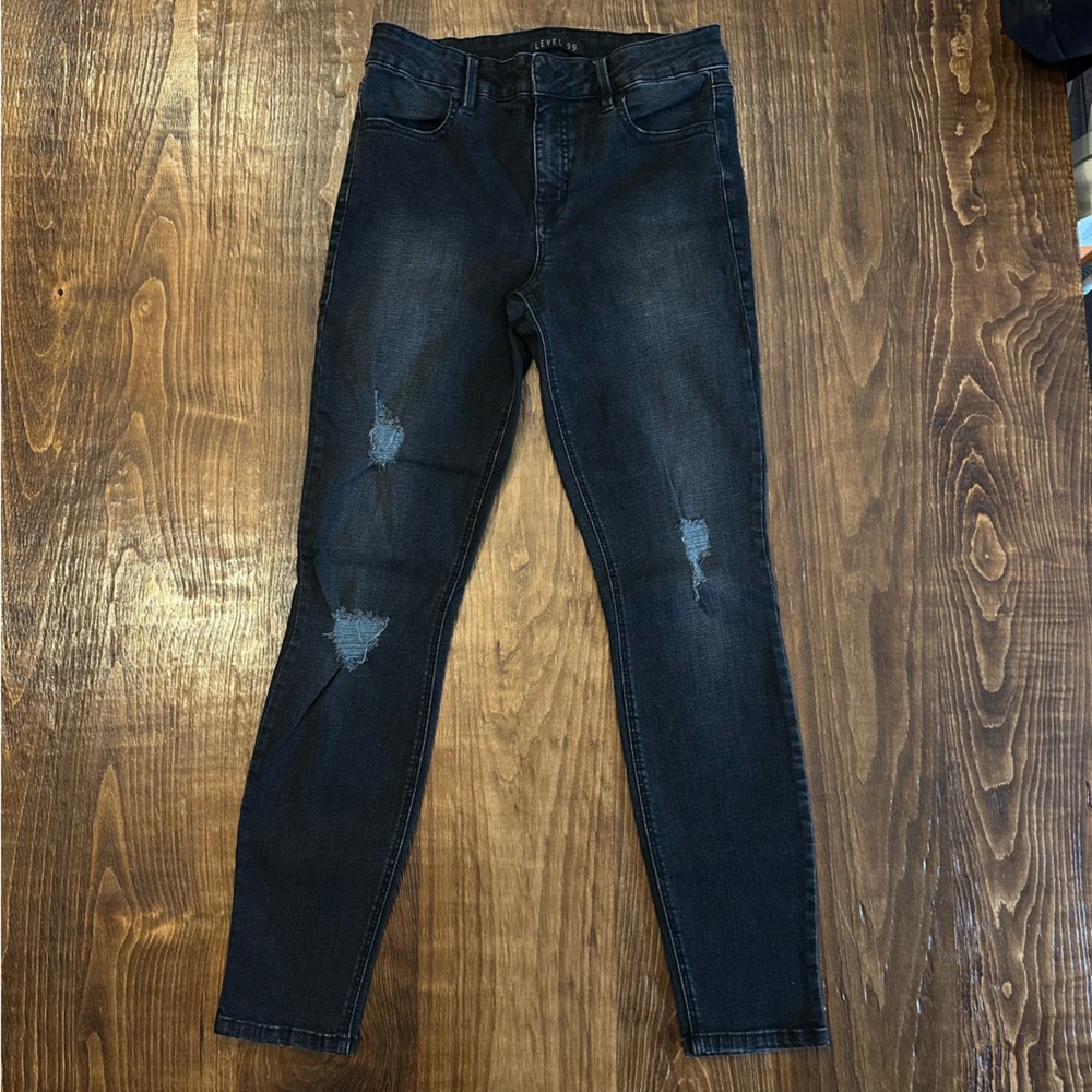 Level 99 Size 29 Black High Waist Skinny Distressed Faded Stretch Denim Jeans